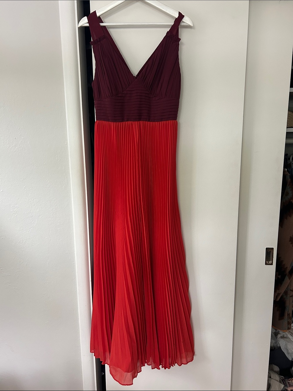 Moulinette Soeurs Two-Tone Burgundy and Red Pleated Maxi Dress